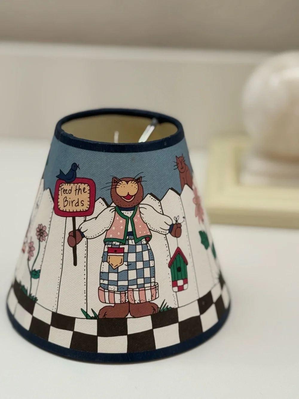 Vintage Alma Lynne Cats Blue and White Folk Art Clip On Lamp Shade